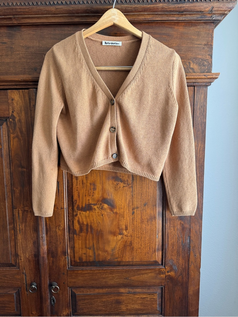 Reformation Camel Knit Tille Cropped Cardigan Organic Cotton